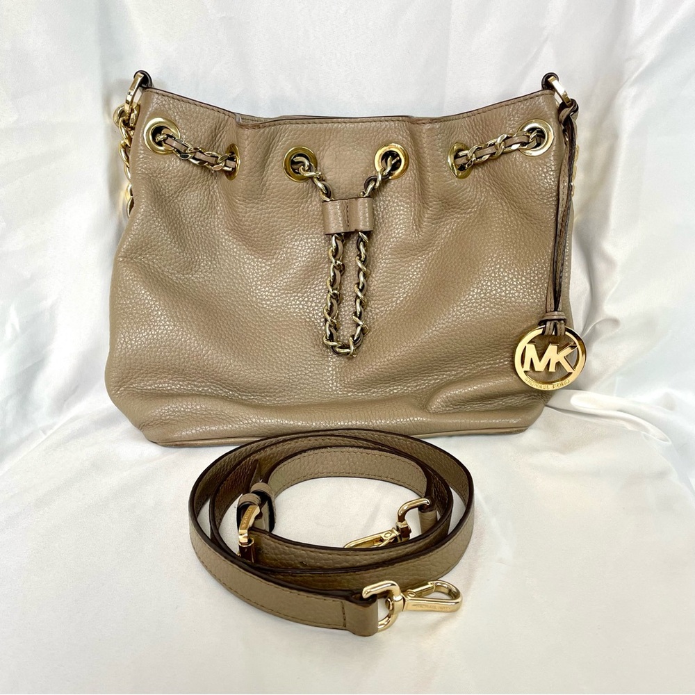 Michael Kors Hamilton Taupe Pebbled Leather Chain Drawstring Shoulder Bag